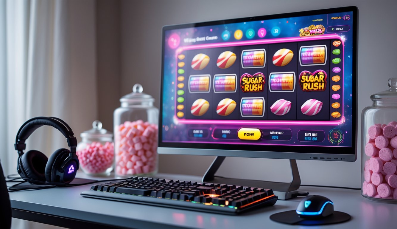 Sebuah meja dengan komputer menampilkan permainan slot bertema permen, dilengkapi dengan aksesori gaming dan dekorasi permen di latar belakang.