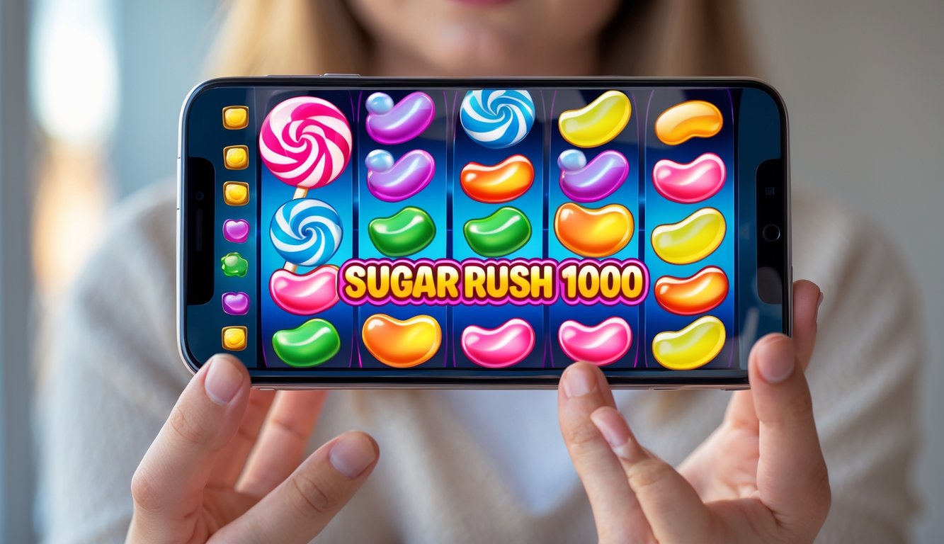 Sebuah ponsel menampilkan permainan slot bertema permen berwarna-warni dengan simbol seperti lolipop dan gummy bear.