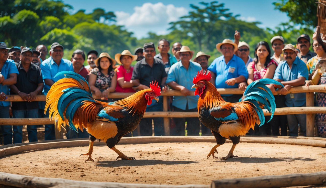 Dua ayam jago sedang bertarung di arena melingkar dengan penonton yang memperhatikan di sekitarnya.