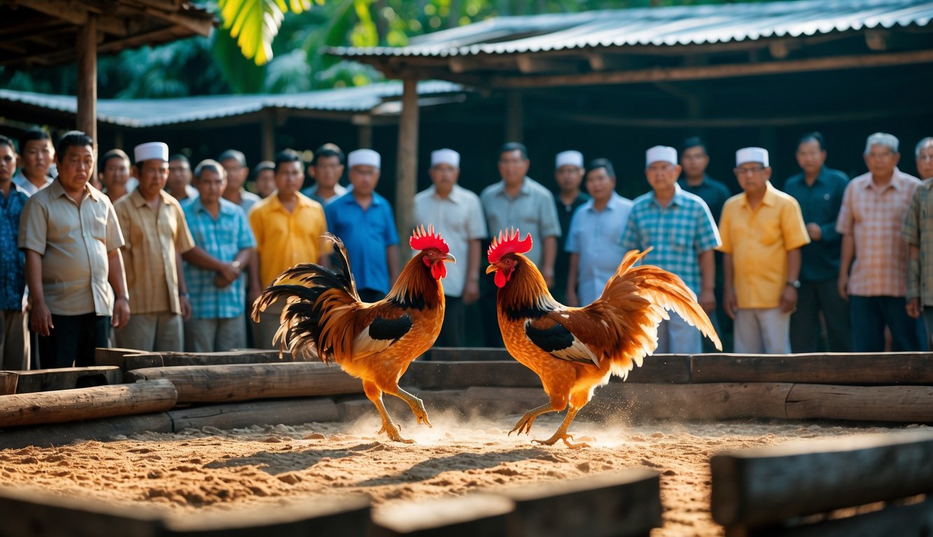 Dua ayam jago sedang bertarung di arena kayu dengan beberapa orang menonton di sekitarnya di luar ruangan.