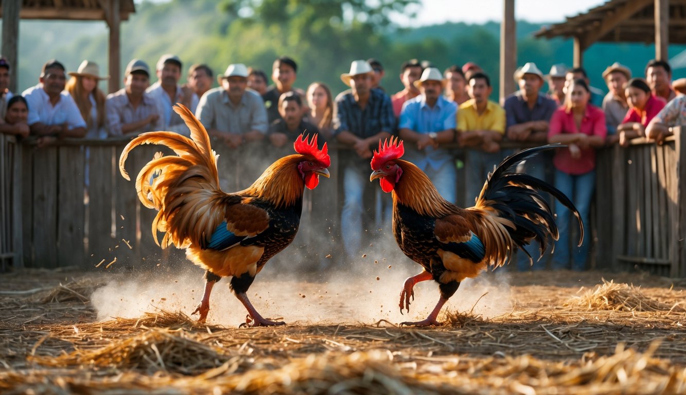 Dua ayam jago sedang bertarung di arena terbuka dengan penonton yang memperhatikan di sekitarnya.