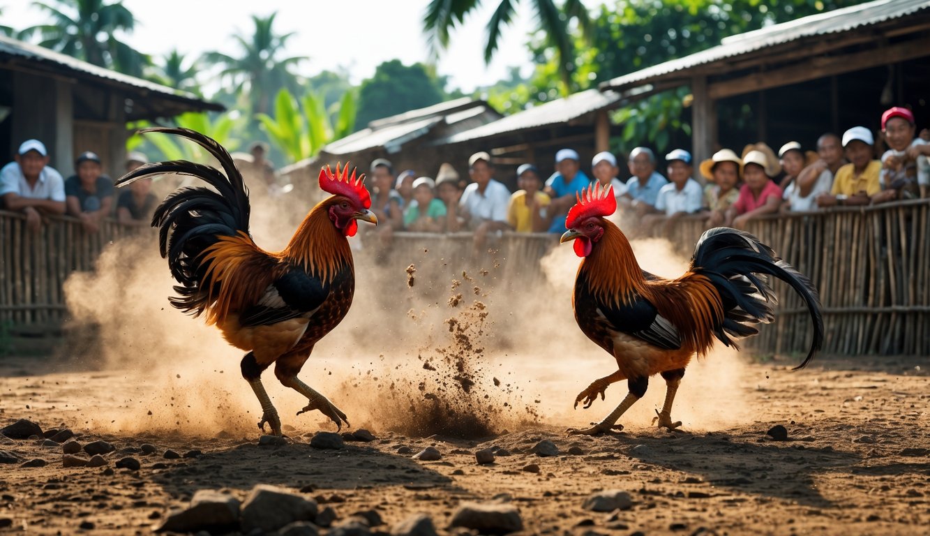 Dua ayam jago bertarung di arena tradisional dengan penonton Indonesia di sekitarnya.