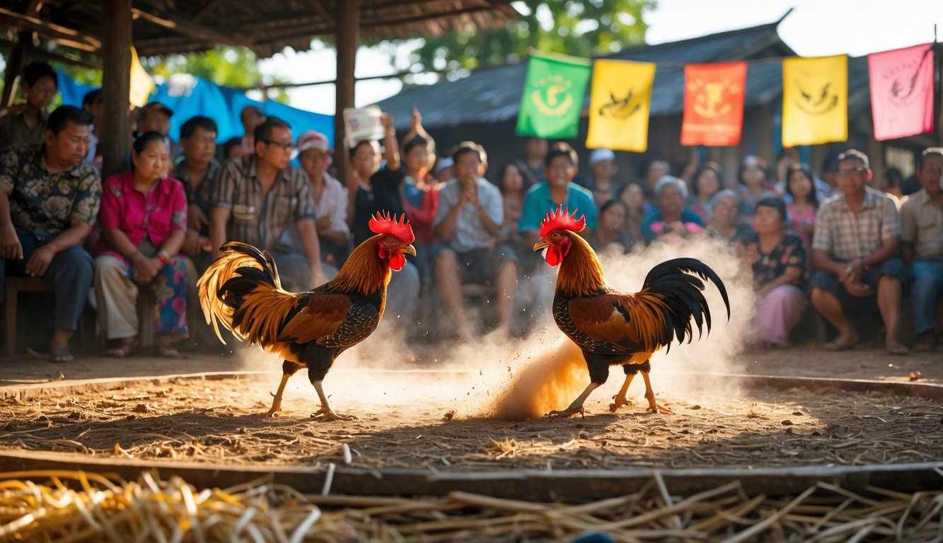Kerumunan orang menonton pertandingan sabung ayam tradisional di arena terbuka dengan dua ayam jago bertarung di tengah.
