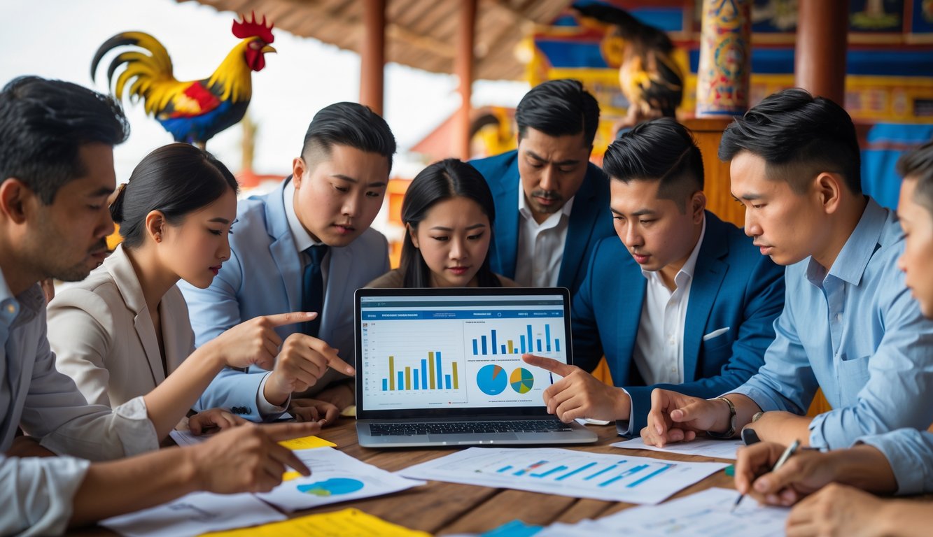 Sekelompok orang sedang berdiskusi dan menganalisis data di sekitar meja dengan grafik dan alat tulis, terkait prediksi sabung ayam.