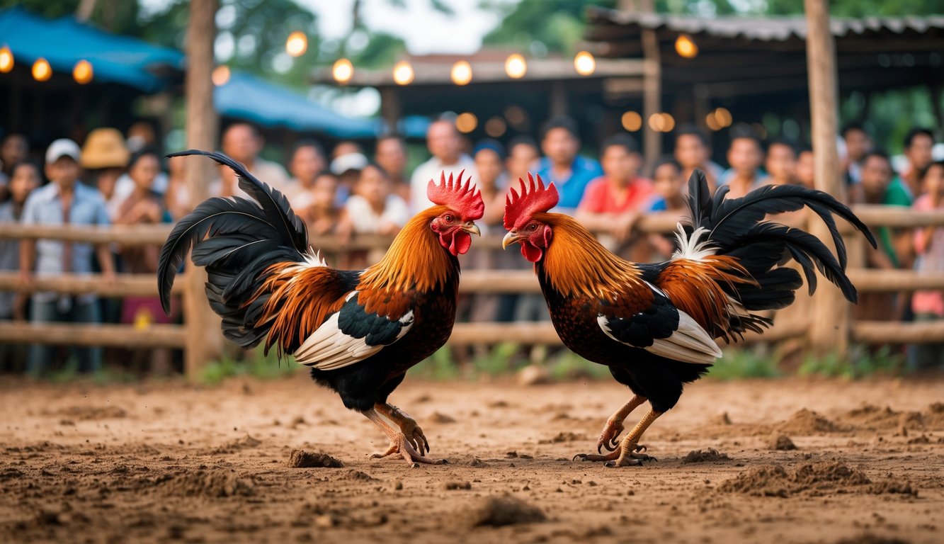 Dua ayam jago sedang bertarung di depan kerumunan orang dalam acara sabung ayam tradisional.