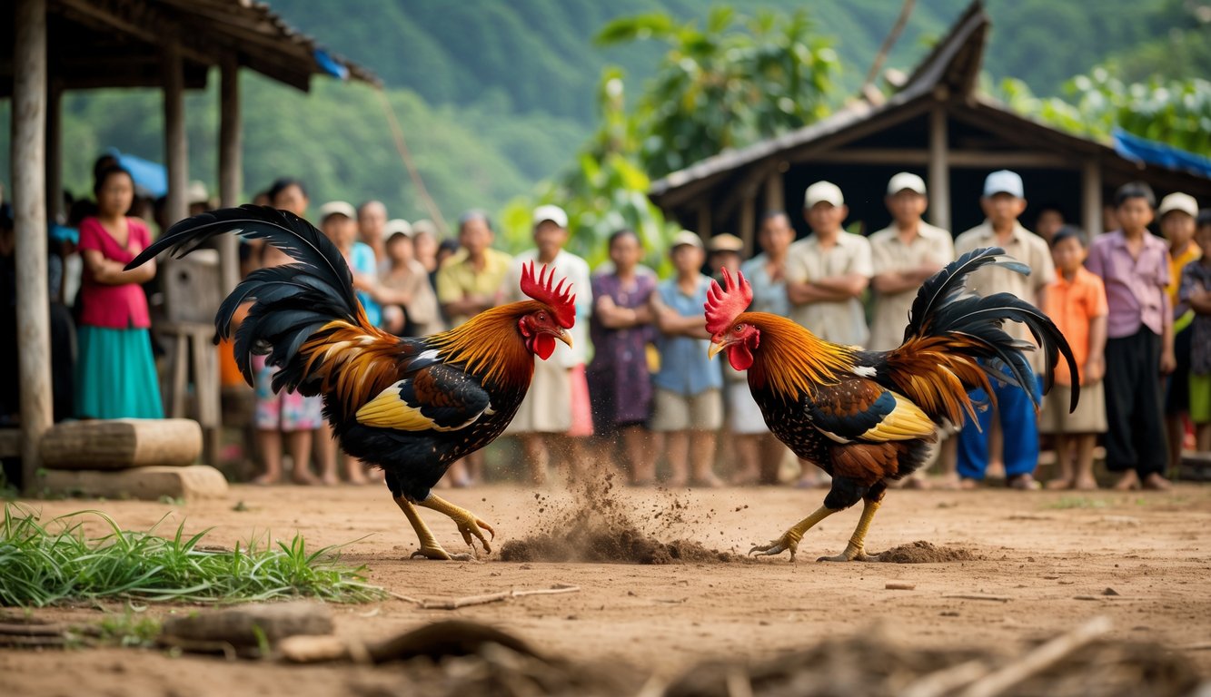 Dua ayam jago bertarung di tanah dengan sekelompok orang menonton di latar belakang di lingkungan pedesaan.