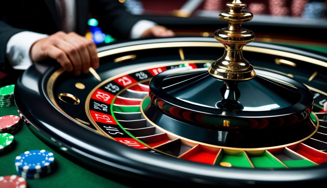 Roda roulette Amerika dengan bola putih berputar di meja kasino.