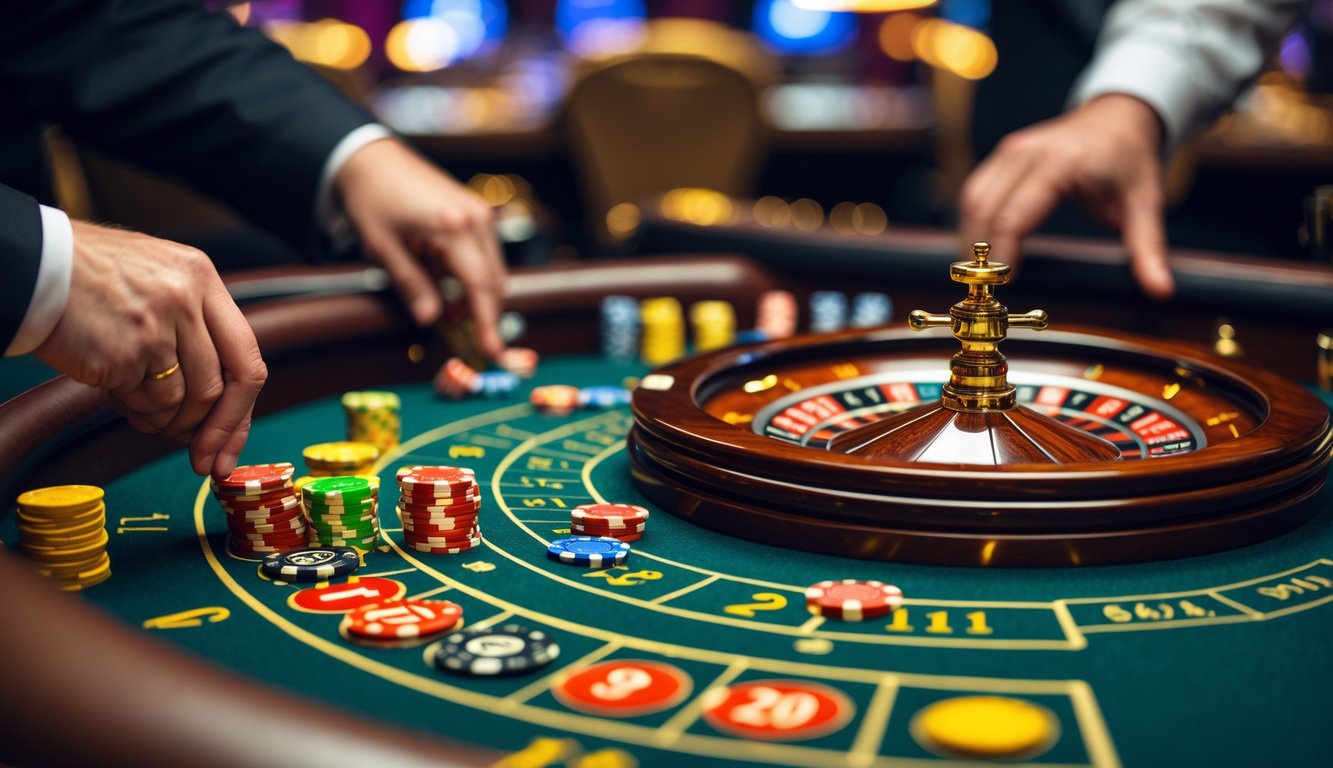 Meja roulette Amerika dengan pemain yang memasang taruhan menggunakan chip warna-warni di kasino.