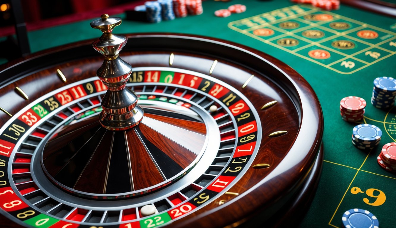 Meja roulette Amerika dengan roda roulette dan tata letak taruhan dengan chip di atas meja hijau.