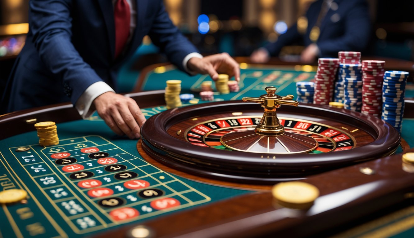 Seorang pemain di meja roulette Amerika sedang memasang chip dengan fokus, di latar belakang suasana kasino yang terang dan elegan.