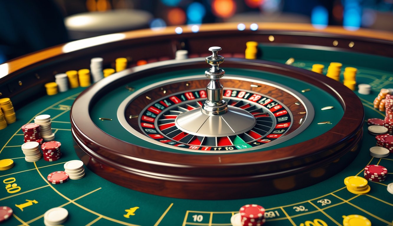 Meja roulette Amerika dengan roda roulette yang berputar dan bola putih sedang bergerak, dikelilingi oleh area taruhan dengan chip di atasnya.