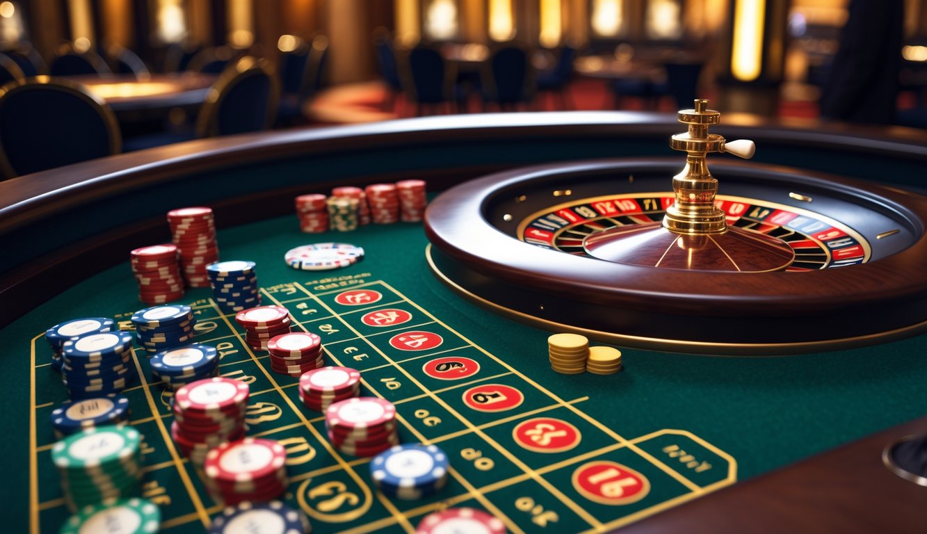 Meja roulette Amerika dengan roda berputar dan chip taruhan di kasino yang mewah.