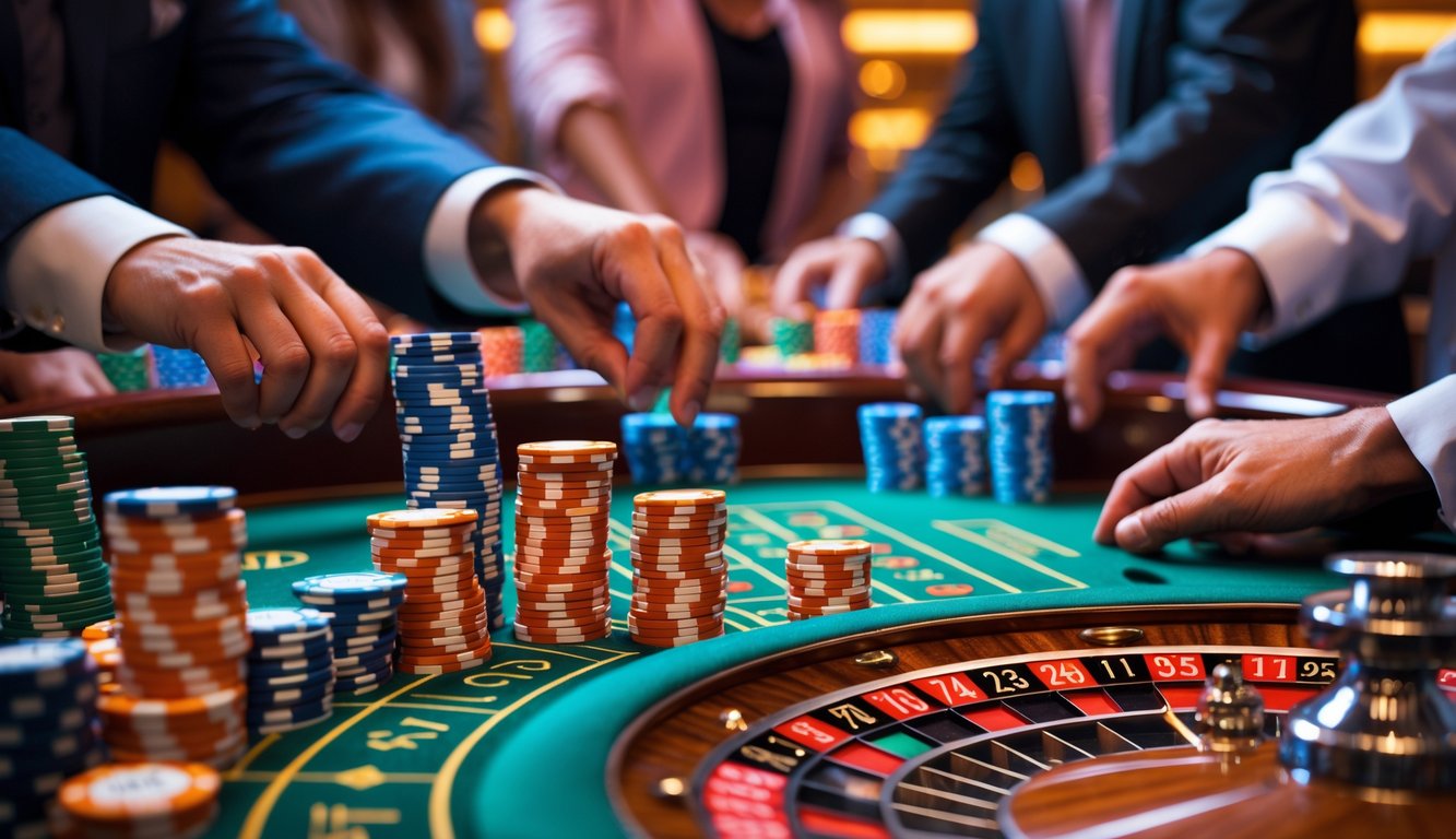 Meja roulette Amerika dengan banyak chip taruhan besar dan tangan pemain yang sedang memasang taruhan.