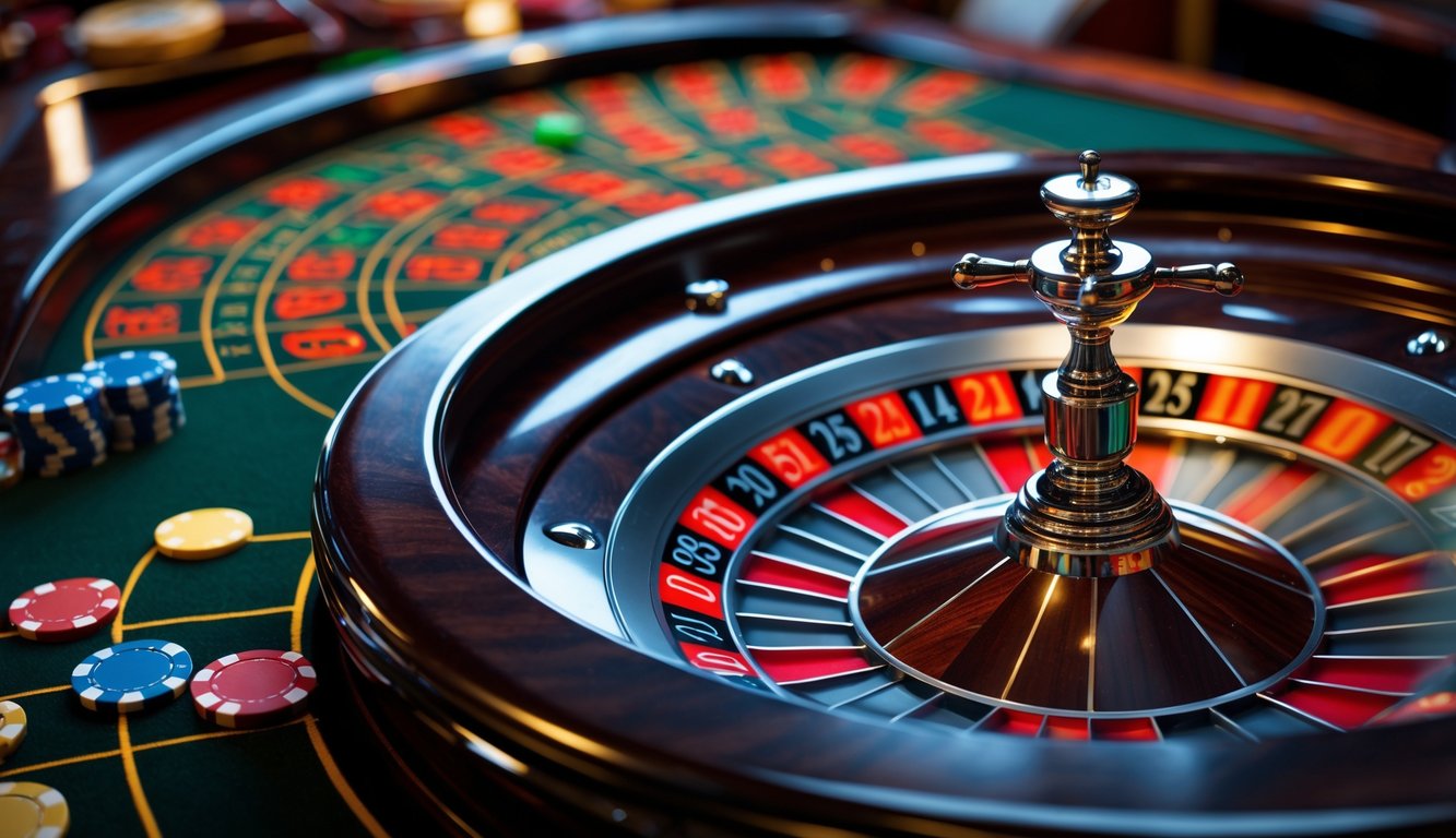 Meja roulette Amerika dengan roda roulette berwarna merah, hitam, dan hijau, bola putih terlihat berputar di tepi roda, dengan chip taruhan di sekitarnya.