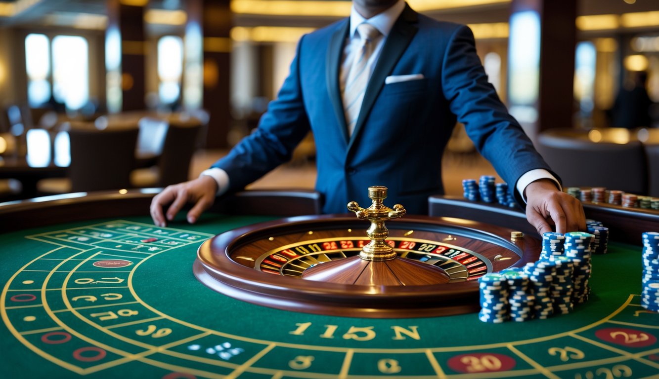Seorang dealer roulette Amerika sedang berdiri di belakang meja roulette di kasino mewah.