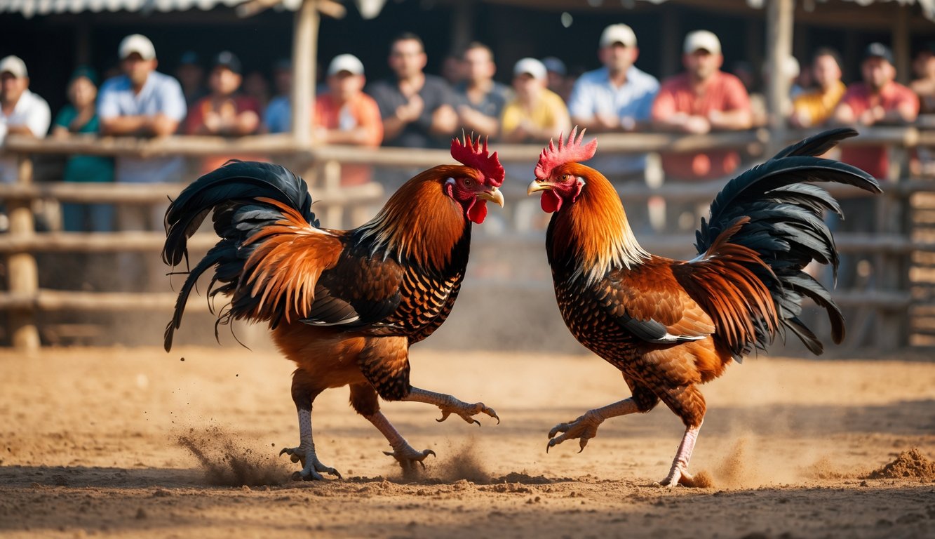 Dua ayam jago sedang bertarung di arena terbuka dengan penonton di latar belakang.