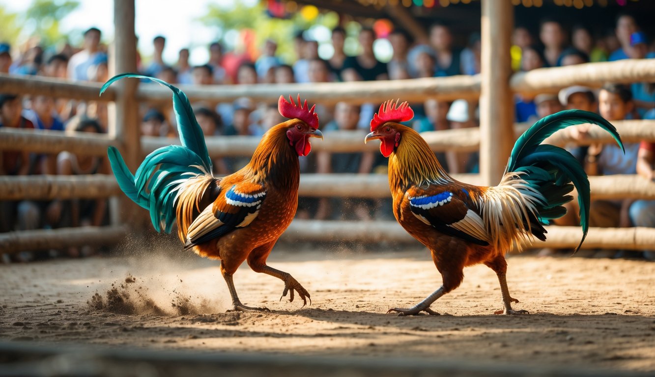Dua ayam jago sedang bertarung di arena kayu dengan penonton di latar belakang.