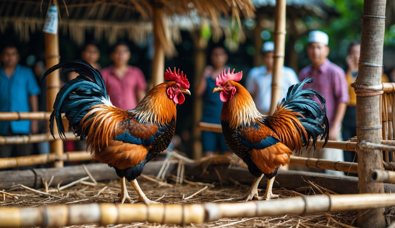 Dua ayam jago berhadapan di arena sabung ayam dengan penonton di latar belakang.