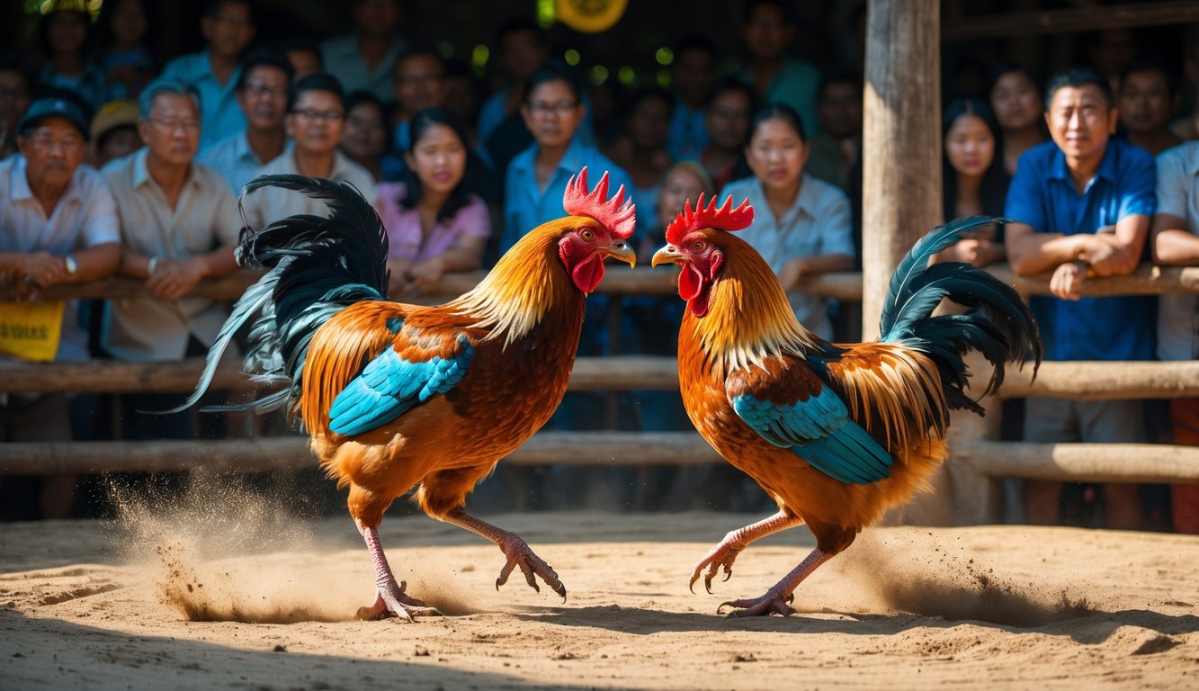 Dua ayam jago sedang bertarung di arena kayu dengan penonton di latar belakang yang menonton dengan antusias.