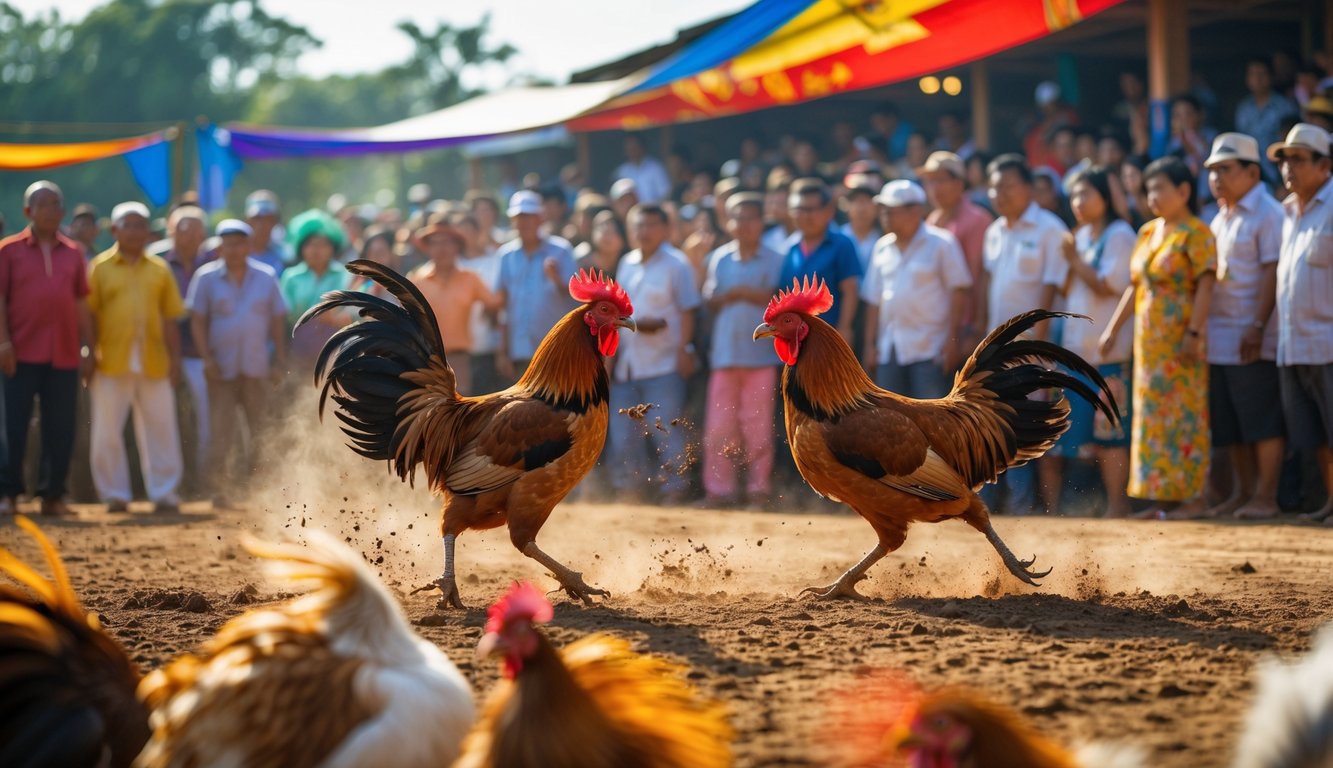 Pertandingan sabung ayam tradisional Indonesia dengan dua ayam jago sedang bertarung di arena terbuka, dikelilingi oleh penonton yang antusias.