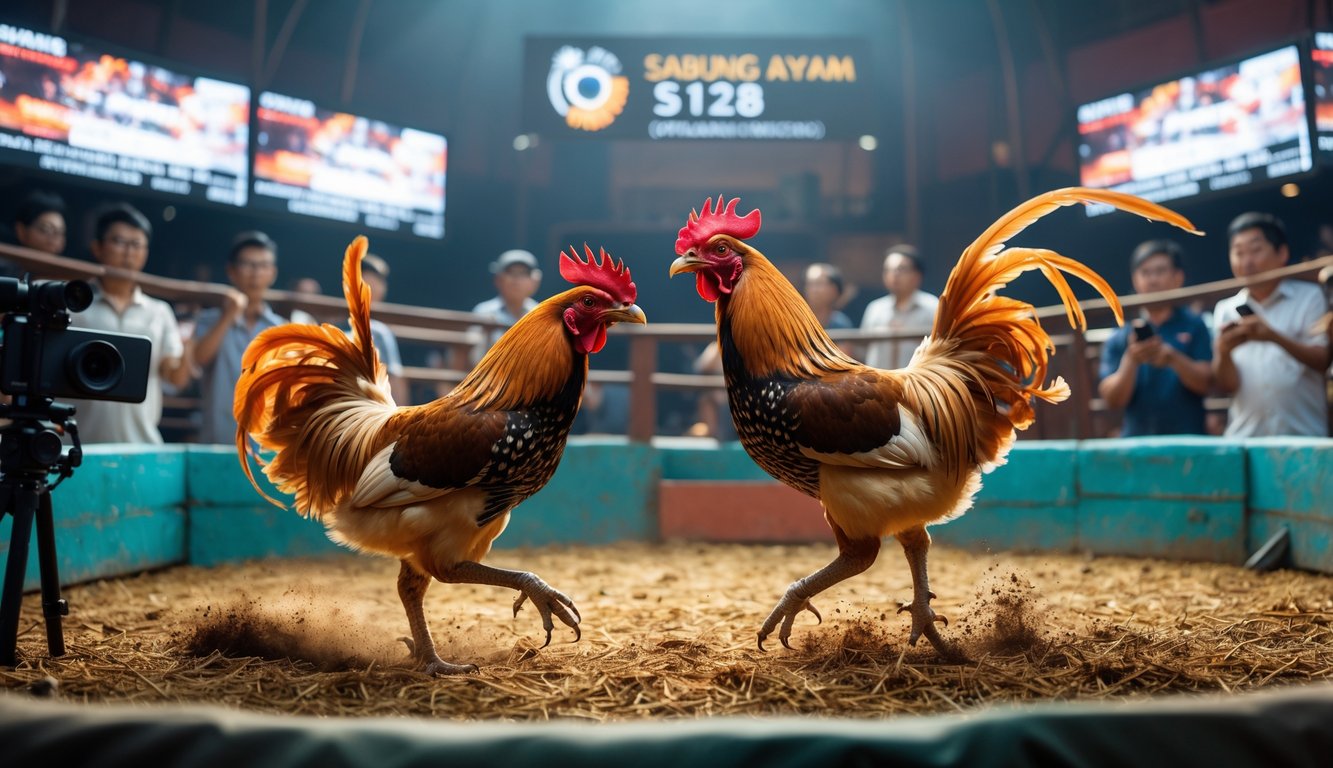 Dua ayam jantan sedang bertarung di arena sabung ayam dengan penonton yang menonton dan merekam menggunakan ponsel.