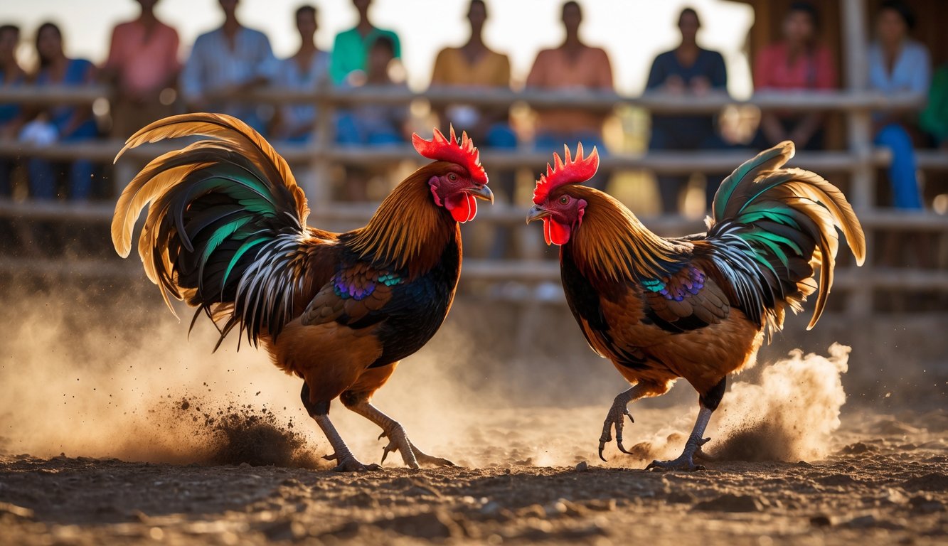 Dua ayam jago sedang bertarung di arena terbuka dengan penonton di latar belakang.