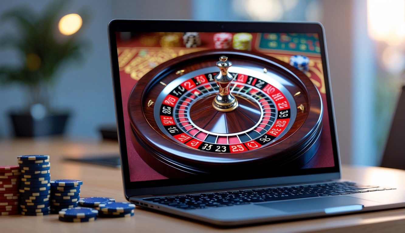 Sebuah komputer menampilkan permainan roulette Eropa online dengan roda roulette dan chip di meja.