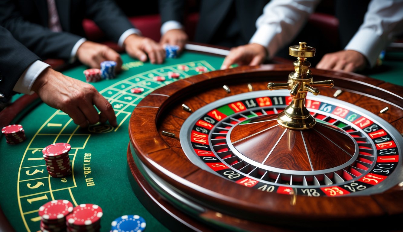 Meja permainan European Roulette dengan roda roulette, taruhan chip, dan tangan dealer yang sedang memutar roda.