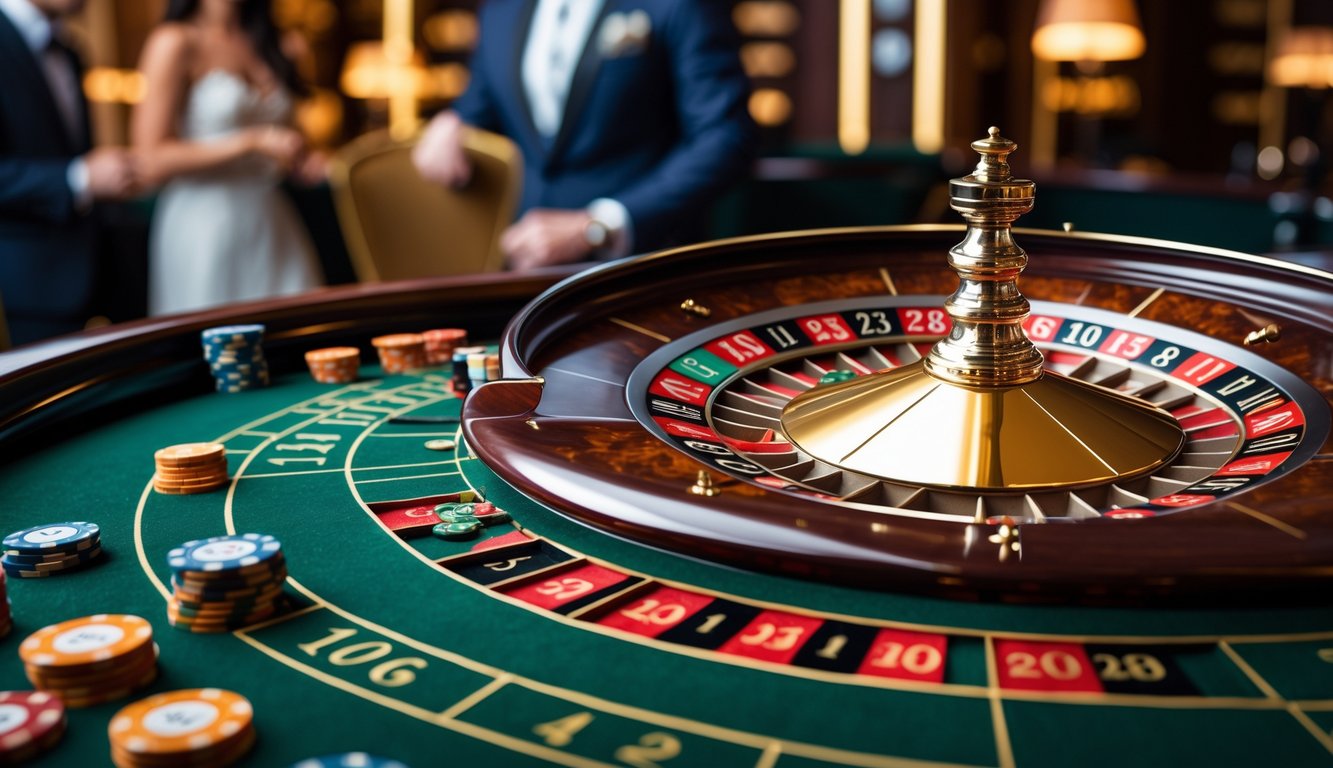 Meja roulette Eropa di kasino dengan roda roulette dan chip taruhan.