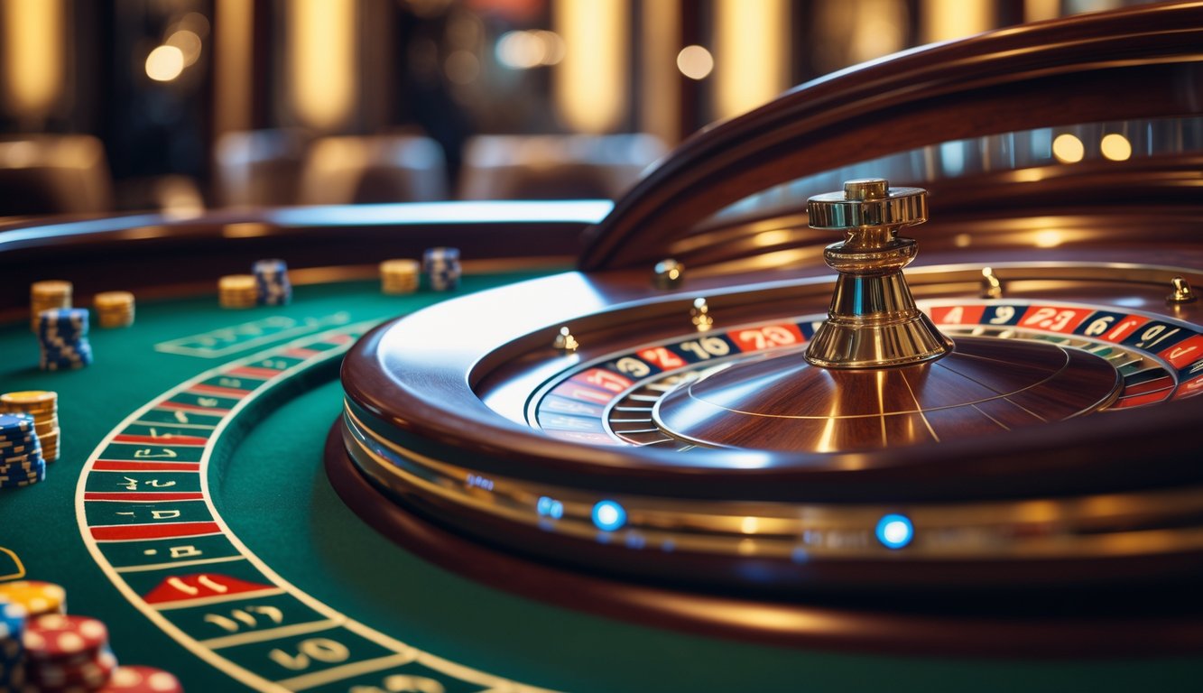 Meja roulette Eropa dengan roda roulette dan area taruhan di kasino mewah.