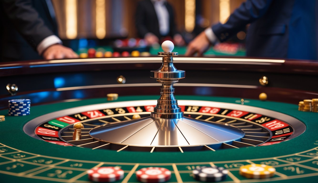 Meja roulette Eropa dengan bola putih di salah satu nomor dan chip taruhan di atas meja hijau di kasino.