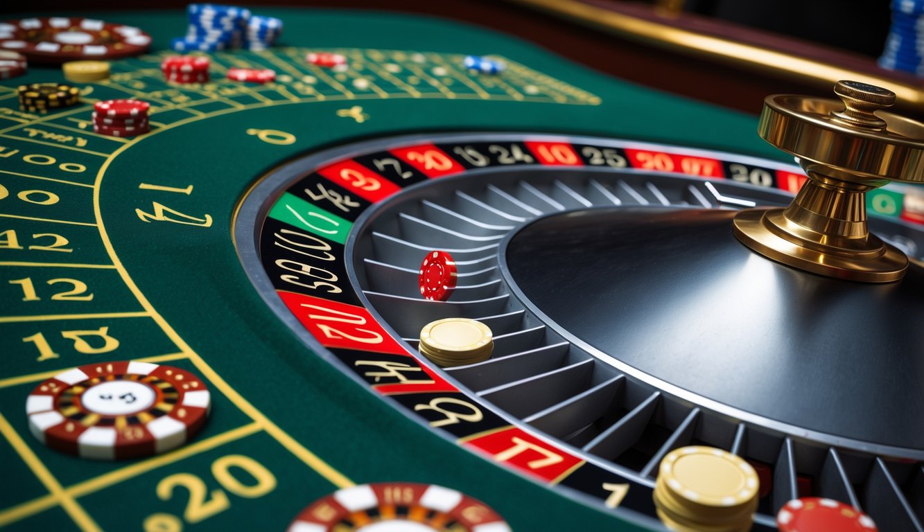 Meja roulette Eropa dengan roda roulette dan bola yang sedang berputar, serta chip taruhan di atas meja hijau.