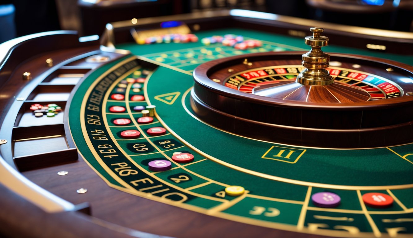 Meja roulette Eropa dengan roda roulette dan chip taruhan di kasino.