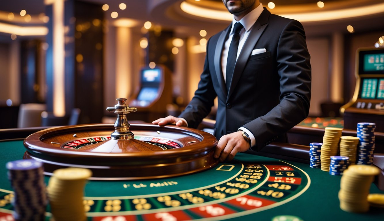 Seorang dealer roulette Eropa berdiri di belakang meja roulette di kasino dengan roda roulette berputar dan tumpukan chip di meja.