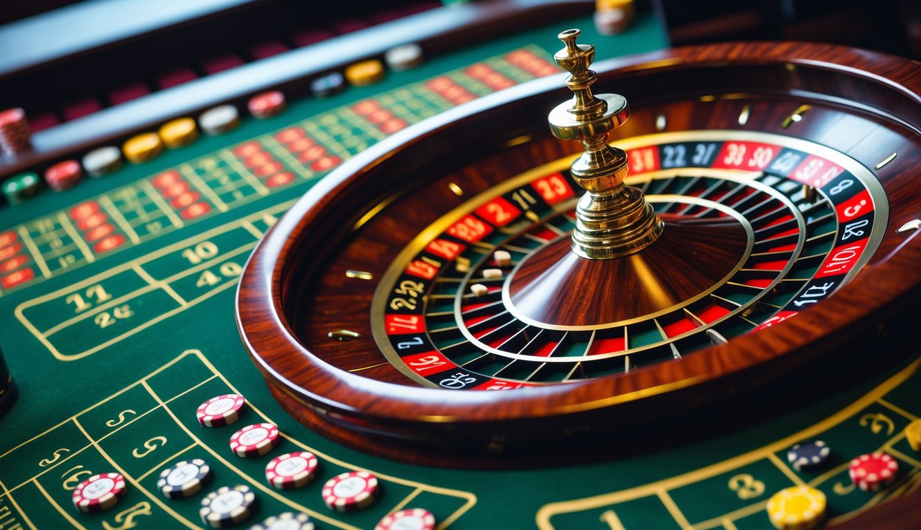 Meja roulette Eropa dengan roda roulette dan area taruhan yang terlihat jelas, tanpa teks atau orang.