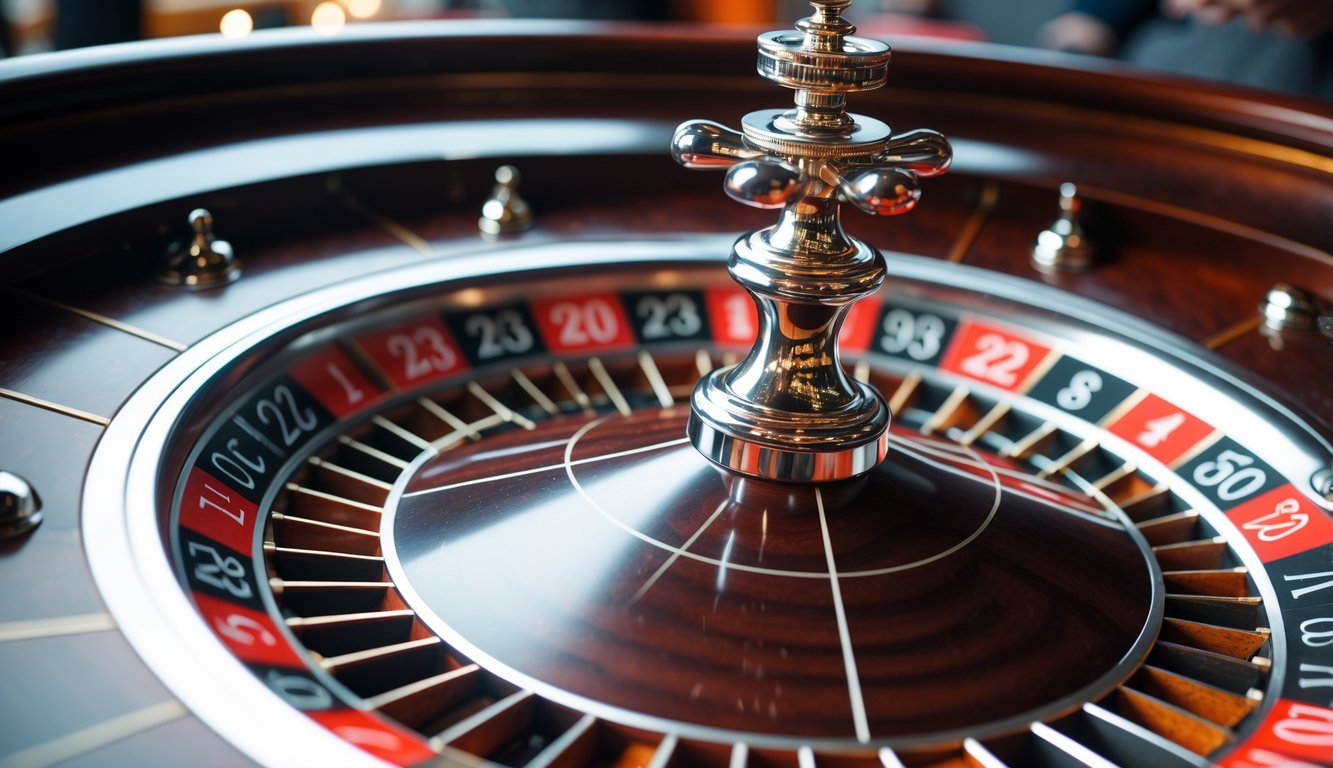 Roda roulette Eropa dengan bola putih yang berputar di atasnya.