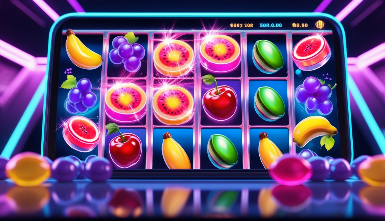 Layar permainan slot online dengan simbol buah berwarna-warni dan latar belakang bercahaya.