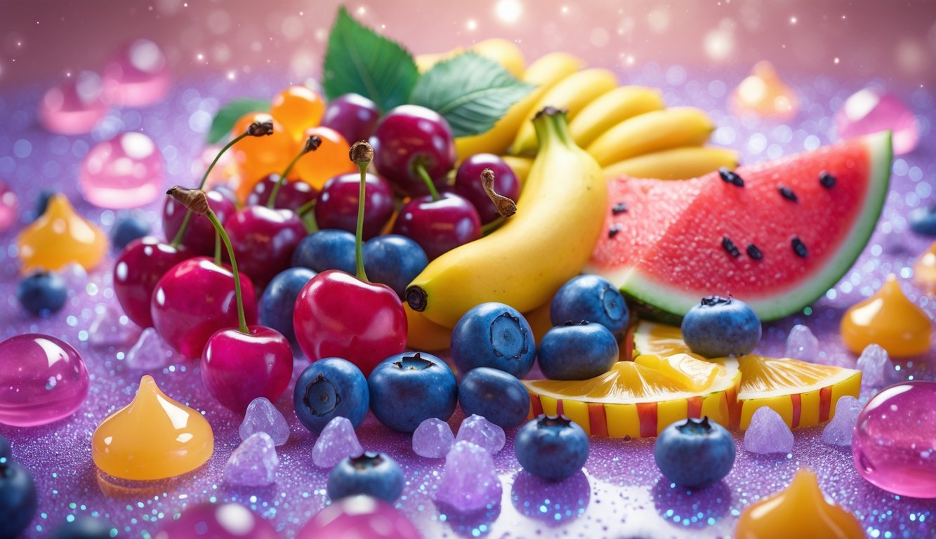 Berbagai buah segar dan permen berwarna cerah tersebar di latar belakang berkilau yang menyerupai gula, menciptakan suasana manis dan menyenangkan.