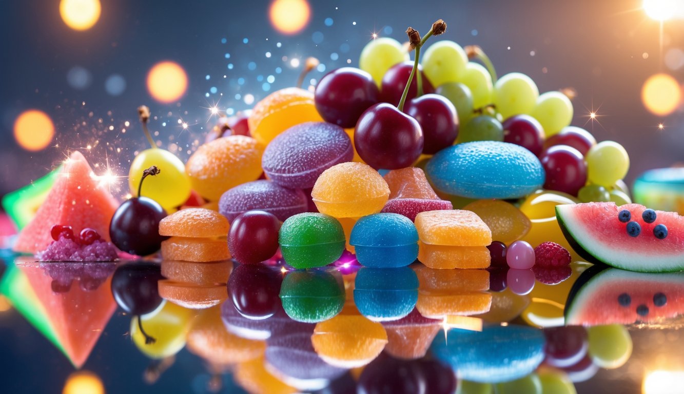 Tampilan berbagai permen dan buah berwarna-warni yang tersusun rapi di atas permukaan reflektif dengan latar belakang buram.