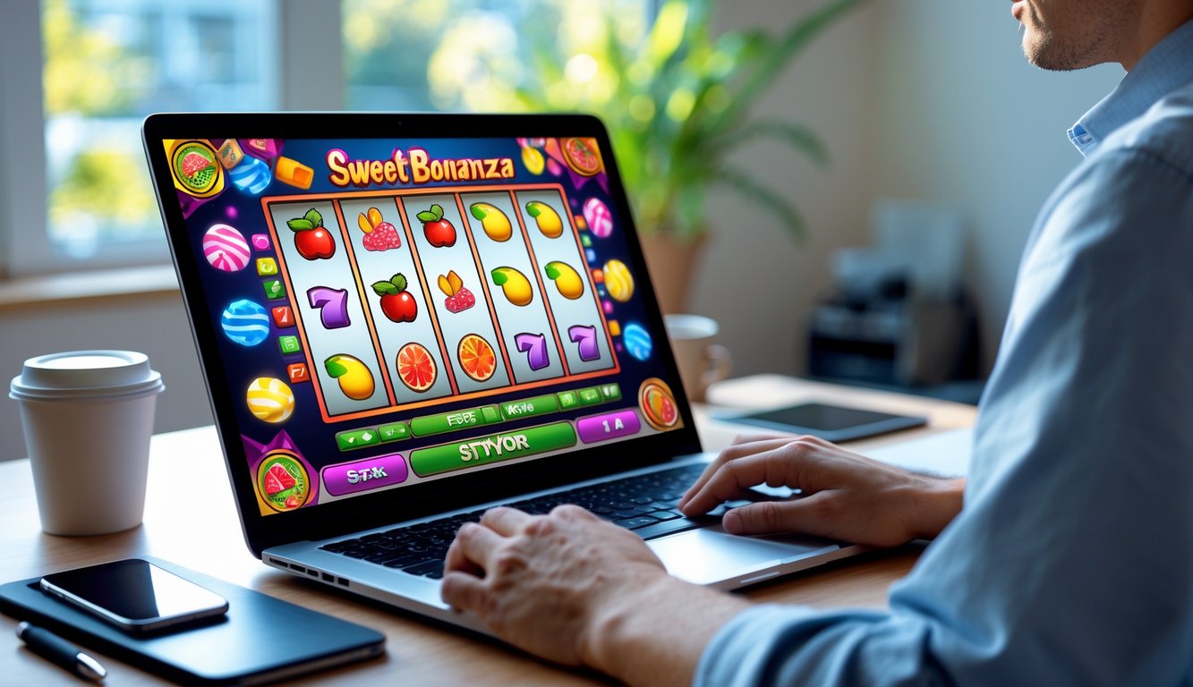 Seseorang menggunakan laptop di meja kerja dengan layar menampilkan permainan slot bergambar buah dan permen.