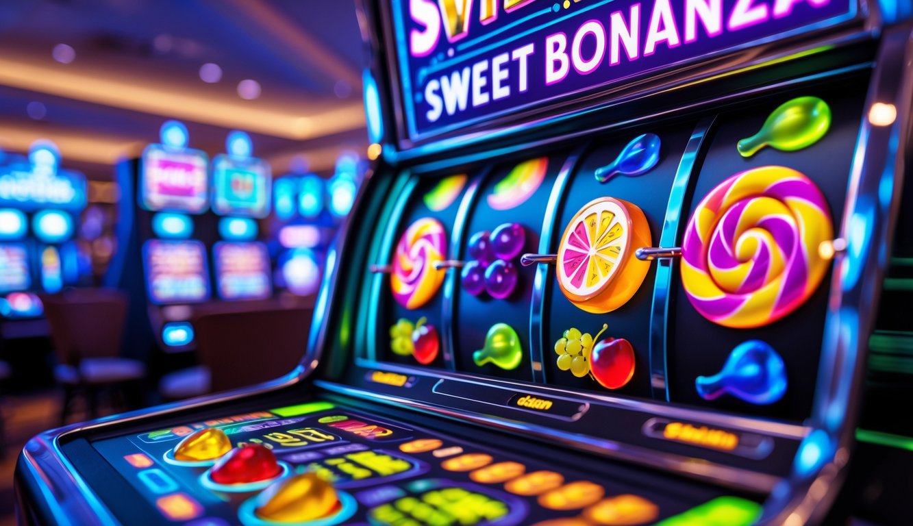 Mesin slot berwarna-warni dengan simbol permen dan buah berputar, latar belakang menampilkan grafik garis dan simbol persentase yang menunjukkan konsep RTP dan volatilitas.