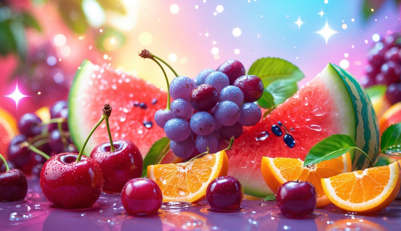 Tampilan buah-buahan segar berwarna-warni seperti ceri, anggur, semangka, dan jeruk yang disusun secara menarik dengan latar belakang cerah dan efek cahaya lembut.