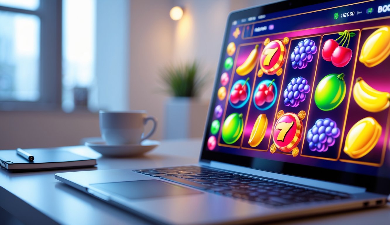 Sebuah komputer dengan layar menampilkan permainan slot online bertema buah dan permen di meja kerja yang rapi.