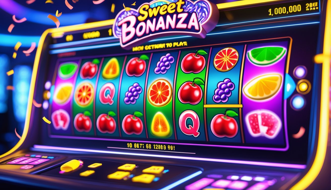 Layar mesin slot dengan simbol buah dan permen yang berwarna-warni, menunjukkan suasana kasino yang cerah dan menarik.