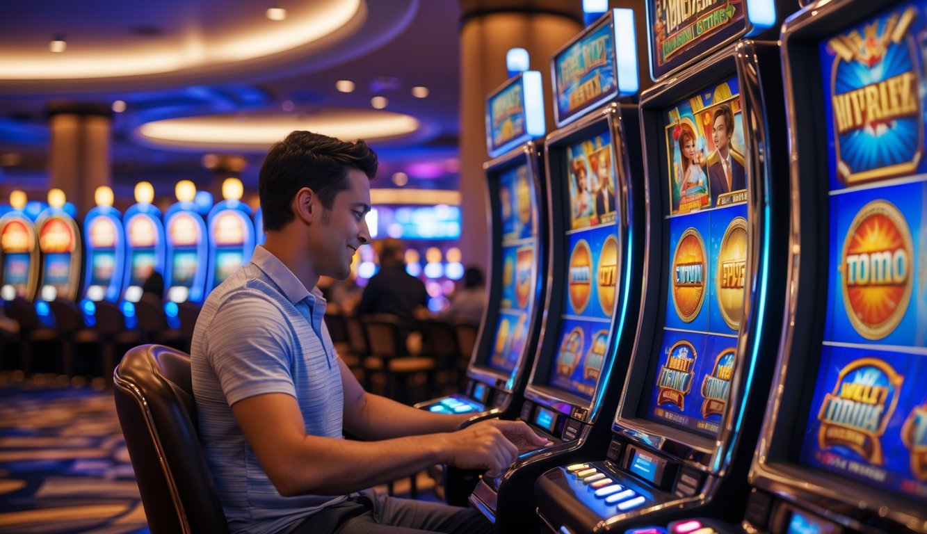 Seseorang sedang bermain mesin slot bertema film di dalam kasino yang terang dan modern.