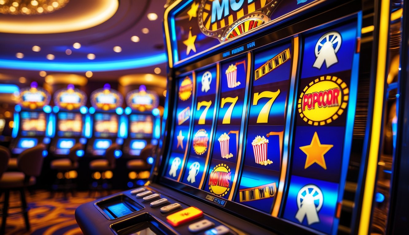 Mesin slot bertema film dengan simbol seperti gulungan film, popcorn, dan papan klakson di dalam kasino yang mewah.