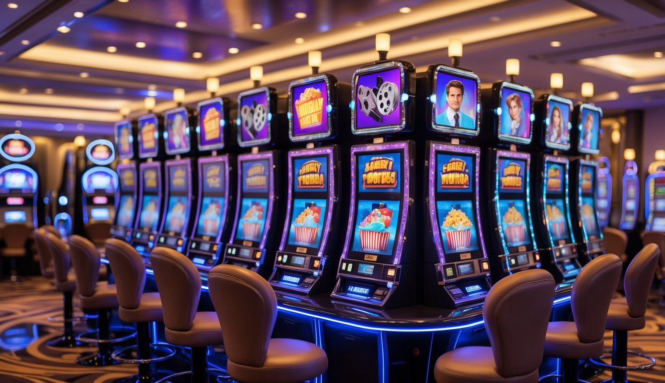 Area mesin slot bertema film dengan mesin slot berwarna-warni dan lampu yang menyala di dalam kasino.