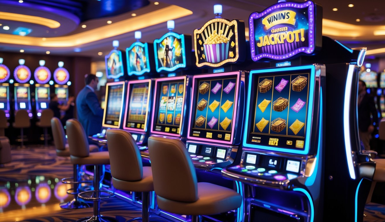 Area mesin slot bertema film dengan mesin slot modern yang menampilkan simbol film dan animasi jackpot besar, di dalam kasino dengan beberapa pemain yang terlihat antusias.