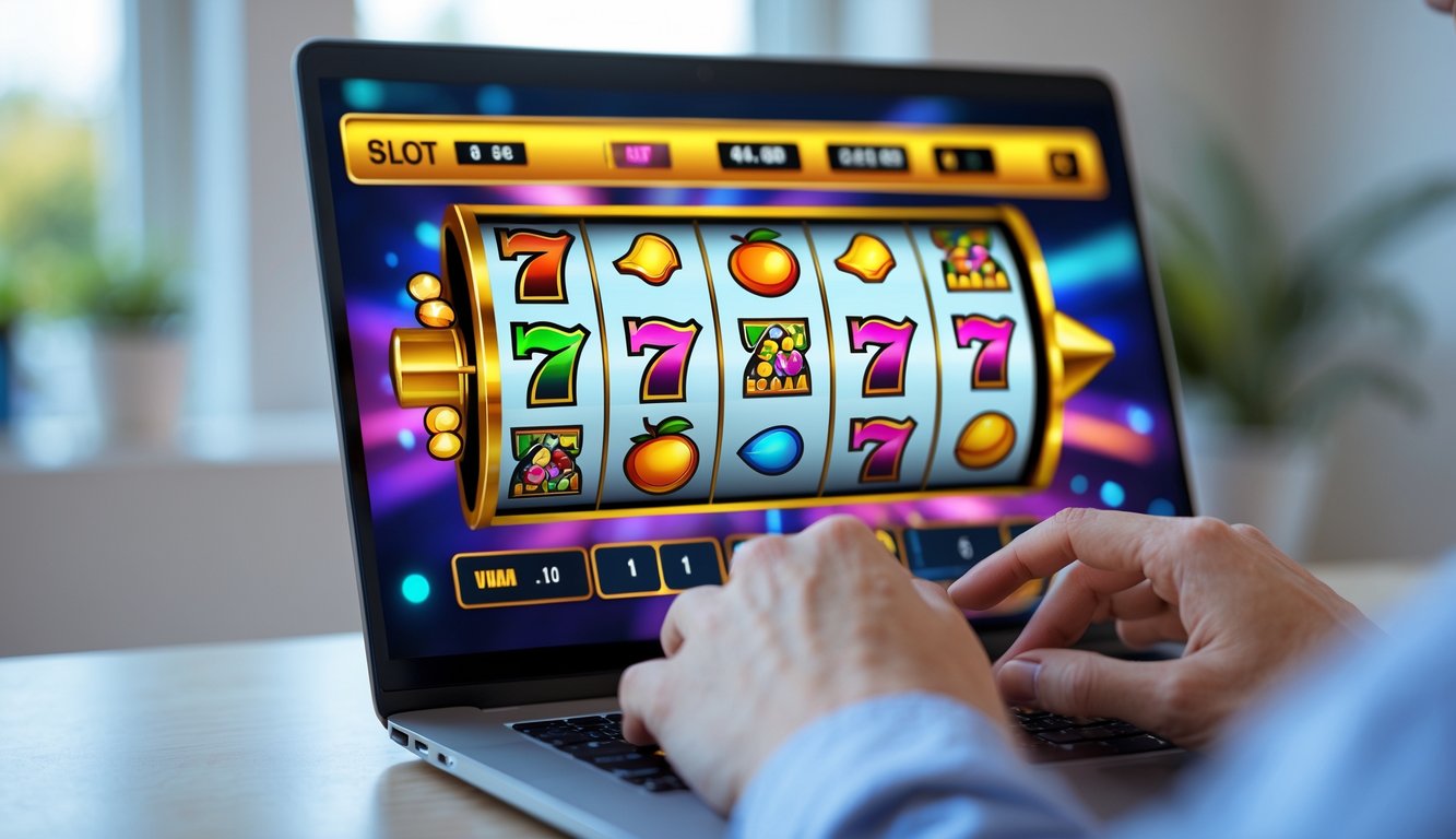Seseorang menggunakan komputer dengan permainan mesin slot online yang berwarna-warni di layar.