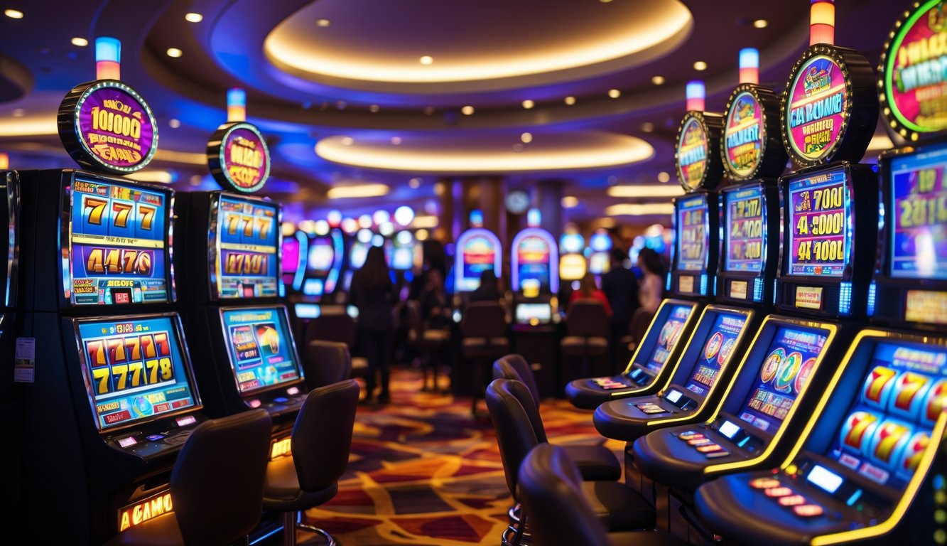 Area mesin slot di kasino dengan beberapa mesin slot yang menyala dan pemain yang sedang bermain.